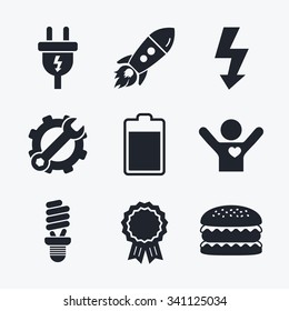 Award achievement, spanner and cog, startup rocket and burger. Electric plug icon. Fluorescent lamp and battery symbols. Low electricity and idea signs. Flat icons.
