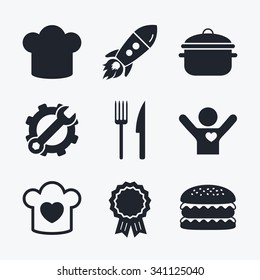 Award achievement, spanner and cog, startup rocket and burger. Chief hat and cooking pan icons. Fork and knife signs. Boil or stew food symbols. Flat icons.
