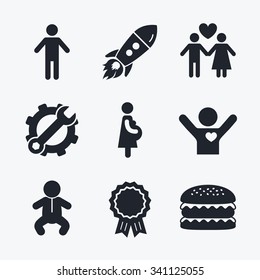 Award achievement, spanner and cog, startup rocket and burger. Family lifetime icons. Couple love, pregnancy and birth of a child symbols. Human male person sign. Flat icons.