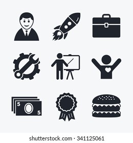 Award achievement, spanner and cog, startup rocket and burger. Businessman icons. Human silhouette and cash money signs. Case and presentation symbols. Flat icons.