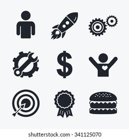 Award achievement, spanner and cog, startup rocket and burger. Business icons. Human silhouette and aim targer with arrow signs. Dollar currency and gear symbols. Flat icons.