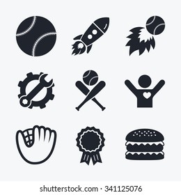 Award achievement, spanner and cog, startup rocket and burger. Baseball sport icons. Ball with glove and two crosswise bats signs. Fireball symbol. Flat icons.