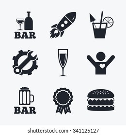 Award achievement, spanner and cog, startup rocket and burger. Bar or Pub icons. Glass of beer and champagne signs. Alcohol drinks and cocktail symbols. Flat icons.