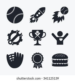 Award achievement, spanner and cog, startup rocket and burger. Baseball sport icons. Ball with glove and two crosswise bats signs. Fireball with award cup symbol. Flat icons.