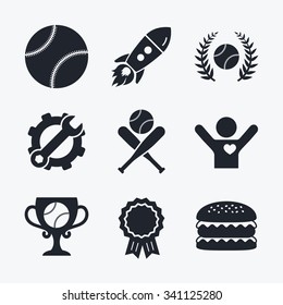 Award achievement, spanner and cog, startup rocket and burger. Baseball sport icons. Ball with glove and two crosswise bats signs. Winner award cup symbol. Flat icons.