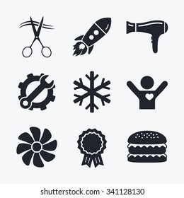 Award achievement, spanner and cog, startup rocket and burger. Hotel services icons. Air conditioning, Hairdryer and Ventilation in room signs. Climate control. Hairdresser or barbershop symbol.