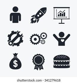 Award achievement, spanner and cog, startup rocket and burger. Business icons. Human silhouette and presentation board with charts signs. Dollar money bag and gear symbols. Flat icons.