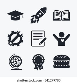 Award achievement, spanner and cog, startup rocket and burger. Pencil with document and open book icons. Graduation cap and geography globe symbols. Learn signs. Flat icons.