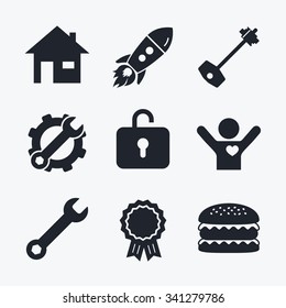 Award achievement, spanner and cog, startup rocket and burger. Home key icon. Wrench service tool symbol. Locker sign. Main page web navigation. Flat icons.