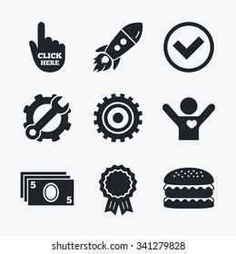 Award achievement, spanner and cog, startup rocket and burger. ATM cash machine withdrawal icons. Click here, check PIN number, processing and cash withdrawal symbols. Flat icons.