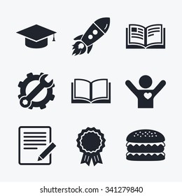 Award achievement, spanner and cog, startup rocket and burger. Pencil with document and open book icons. Graduation cap symbol. Higher education learn signs. Flat icons.