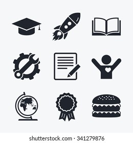 Award achievement, spanner and cog, startup rocket and burger. Pencil with document and open book icons. Graduation cap and geography globe symbols. Learn signs. Flat icons.