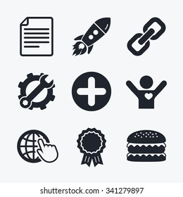 Award achievement, spanner and cog, startup rocket and burger. Plus add circle and hyperlink chain icons. Document file and globe with hand pointer sign symbols. Flat icons.