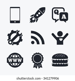 Award achievement, spanner and cog, startup rocket and burger. Question answer icon.  Smartphone and Q&A chat speech bubble symbols. RSS feed and internet globe signs. Communication Flat icons.