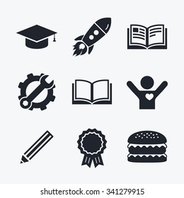 Award achievement, spanner and cog, startup rocket and burger. Pencil and open book icons. Graduation cap symbol. Higher education learn signs. Flat icons.