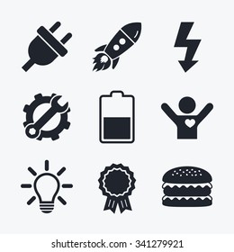 Award achievement, spanner and cog, startup rocket and burger. Electric plug icon. Light lamp and battery half symbols. Low electricity and idea signs. Flat icons.