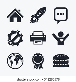 Award achievement, spanner and cog, startup rocket and burger. Home main page and globe icons. Printer and chat speech bubble with suspension points sign symbols. Flat icons.