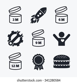 Award achievement, spanner and cog, startup rocket and burger. After opening use icons. Expiration date 6-12 months of product signs symbols. Shelf life of grocery item. Flat icons.
