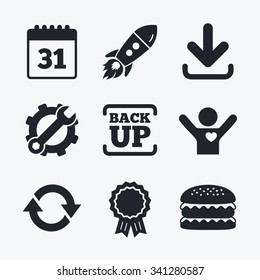Award achievement, spanner and cog, startup rocket and burger. Download and Backup data icons. Calendar and rotation arrows sign symbols. Flat icons.