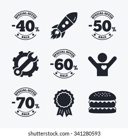 Award achievement, spanner and cog, startup rocket and burger. Sale discount icons. Special offer stamp price signs. 40, 50, 60 and 70 percent off reduction symbols. Flat icons.
