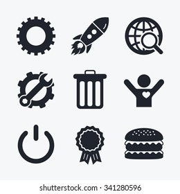 Award achievement, spanner and cog, startup rocket and burger. Globe magnifier glass and cogwheel gear icons. Recycle bin delete and power sign symbols. Flat icons.