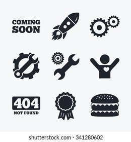 Award achievement, spanner and cog, startup rocket and burger. Coming soon icon. Repair service tool and gear symbols. Wrench sign. 404 Not found. Flat icons.
