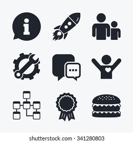 Award achievement, spanner and cog, startup rocket and burger. Information sign. Group of people and database symbols. Chat speech bubbles sign. Communication icons. Flat icons.