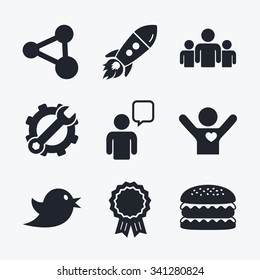 Award achievement, spanner and cog, startup rocket and burger. Group of people and share icons. Speech bubble symbols. Communication signs. Flat icons.