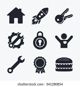 Award achievement, spanner and cog, startup rocket and burger. Home key icon. Wrench service tool symbol. Locker sign. Main page web navigation. Flat icons.
