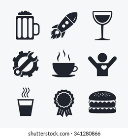 Award achievement, spanner and cog, startup rocket and burger. Drinks icons. Coffee cup and glass of beer symbols. Wine glass sign. Flat icons.