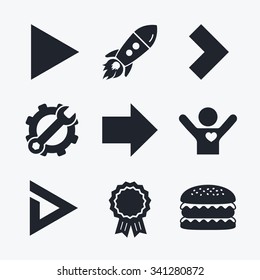 Award achievement, spanner and cog, startup rocket and burger. Arrow icons. Next navigation arrowhead signs. Direction symbols. Flat icons.