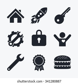 Award achievement, spanner and cog, startup rocket and burger. Home key icon. Wrench service tool symbol. Locker sign. Main page web navigation. Flat icons.