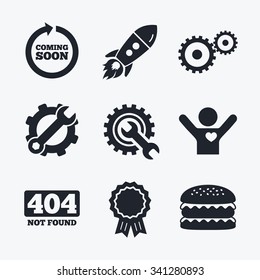 Award achievement, spanner and cog, startup rocket and burger. Coming soon rotate arrow icon. Repair service tool and gear symbols. Wrench sign. 404 Not found. Flat icons.