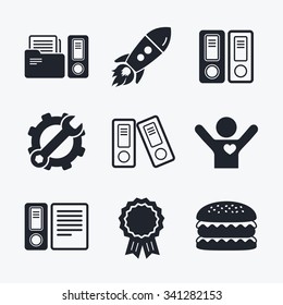 Award achievement, spanner and cog, startup rocket and burger. Accounting icons. Document storage in folders sign symbols. Flat icons.