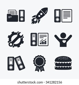 Award achievement, spanner and cog, startup rocket and burger. Accounting report icons. Document storage in folders sign symbols. Flat icons.