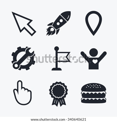 Award achievement, spanner and cog, startup rocket and burger. Mouse cursor icon. Hand or Flag pointer symbols. Map location marker sign. Flat icons.