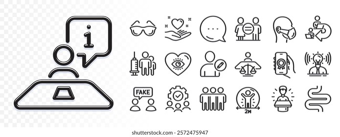 Award app, Brand and Medical mask line icons for web app. Glare of light effect. Message icon. Pack of Friendship, Intestine, Equality pictogram icons. Vector