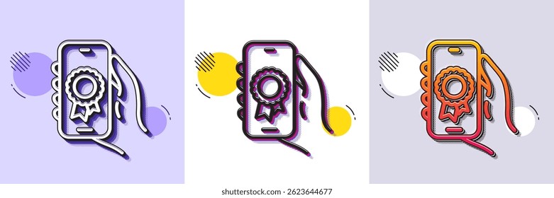 Ícone de linha de aplicativo premiado. Padrão pontilhado de meio-tom. Ícone de gradiente com sombra de grão. Segure o sinal de telefone. Telefone celular com símbolo de notificação de tela. Ícone do aplicativo de prêmio de linha. Vários desenhos. Vetor