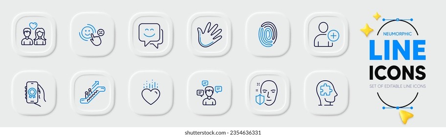 Award app, Mental conundrum and Smile face line icons for web app. Pack of Add user, Fingerprint, Conversation messages pictogram icons. Face protection, Escalator, Couple love signs. Vector