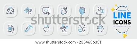 Award app, Mental conundrum and Smile face line icons for web app. Pack of Add user, Fingerprint, Conversation messages pictogram icons. Face protection, Escalator, Couple love signs. Vector