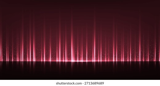 Award background. Dark pink silk curtain luxury backdrop. Color vertical draped satin cloth texture curtain on dark floor stage. Award, presentation scene. Elegant modern vector illustration.