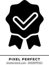 Award badge with check mark black glyph icon. Medal with ribbons and tick. Special prize for winner. Silhouette symbol on white space. Solid pictogram. Vector isolated illustration