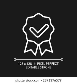 Award badge with check mark pixel perfect white linear icon for dark theme. Medal with ribbons and tick. Prize for winner. Thin line illustration. Isolated symbol for night mode. Editable stroke