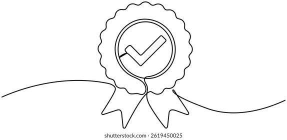 Crachá de prêmio com marca de seleção de desenho de linha contínua. Medalha com fitas e sinal aprovado dentro. Ilustração vetorial isolada em branco.