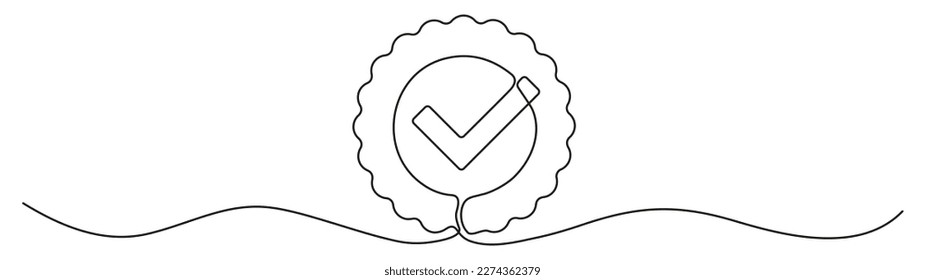 Award badge with checkmark continuous one line art drawing. Approval check ribbon contour line sign. Vector illustration isolated on white.