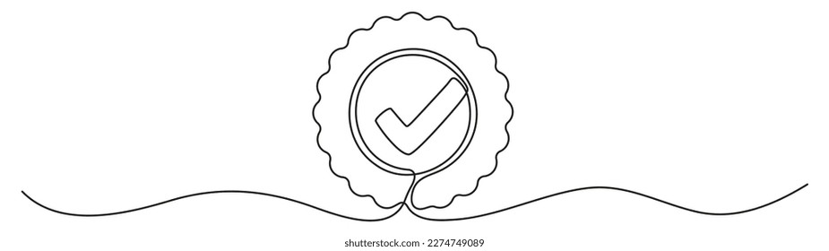 Award badge with checkmark continuous one line art drawing. Approval check ribbon contour line sign. Vector illustration isolated on white.