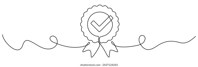 Award badge with checkmark continuous one line drawing. Approval check ribbon contour wave line sign. Vector illustration isolated on white background.	