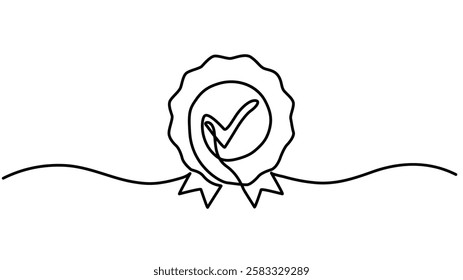 Award badge with checkmark continuous one line drawing. Approval check ribbon contour wave line sign, Award winning ribbon - first place concept Vector illustration isolated on white.