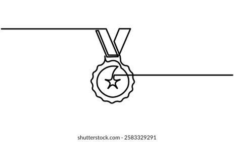 Award badge with checkmark continuous one line drawing. Approval check ribbon contour wave line sign, Award winning ribbon - first place concept Vector illustration isolated on white.