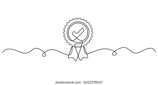Insignia de premio con marca de verificación de dibujo continuo de una línea. Signo de una línea de onda de contorno de cinta de comprobación de Aprobación. Aislado sobre fondo blanco Ilustración vectorial